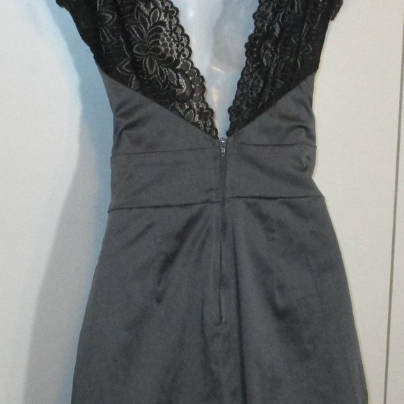 MY STORY Grey Satin/Black Lace Mini SZ SMALL BACK LESS DRESS - Picture 3 of 10